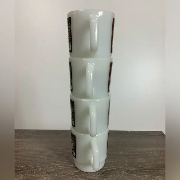Vtg Anchor Floral Milk Glass Stackable Coffee Mugs USA Oven Proof Brown Lot Of 8 - Picture 4 of 15